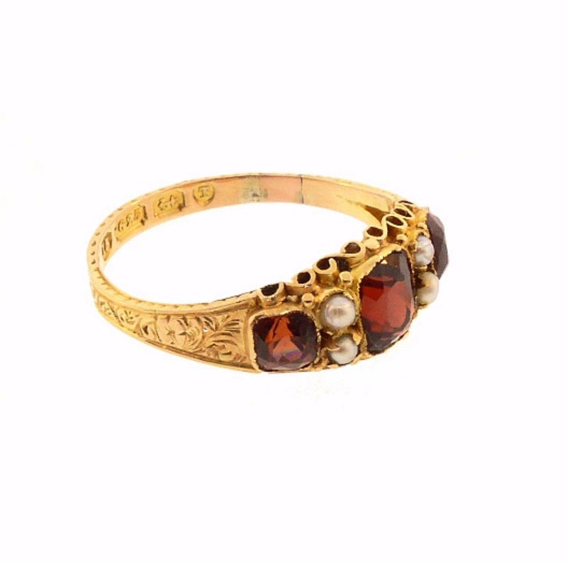 Victorian 15K Gold Spessartite Garnet &amp; Pearl Ring