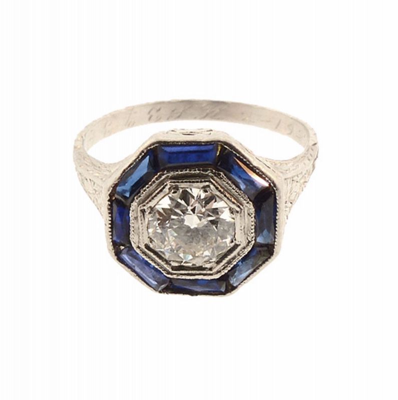 Art Deco Platinum Filigree, Diamond &amp; Sapphire Ring