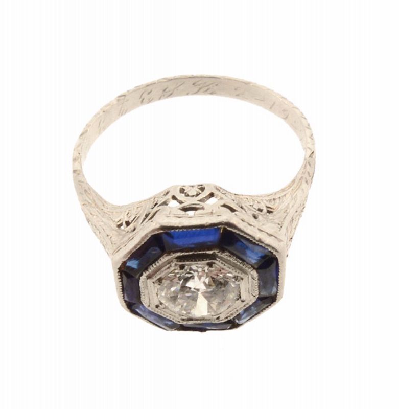 Art Deco Platinum Filigree, Diamond &amp; Sapphire Ring