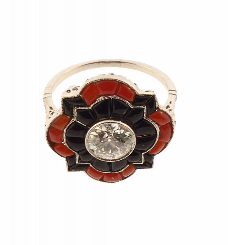 Art Deco Platinum Filigree, Diamond, Coral &amp; Onyx Ring