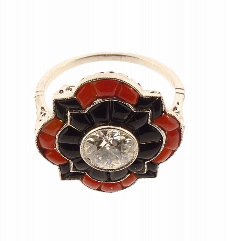 Art Deco Platinum Filigree, Diamond, Coral &amp; Onyx Ring