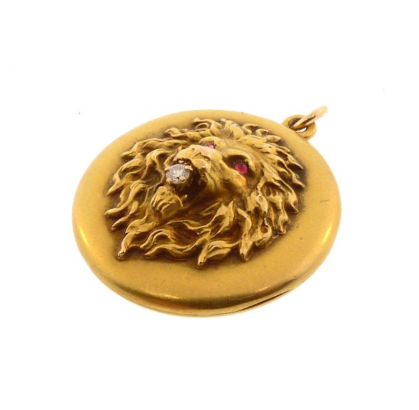 Victorian 14K Gold, Diamond &amp; Ruby Lion’s Head Locket