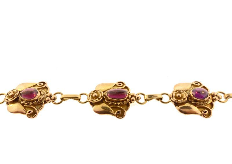 Art Nouveau 14K Yellow Gold Rhodolite Garnet Skonvirke-Style Bracelet