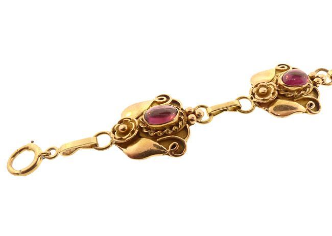 Art Nouveau 14K Yellow Gold Rhodolite Garnet Skonvirke-Style Bracelet
