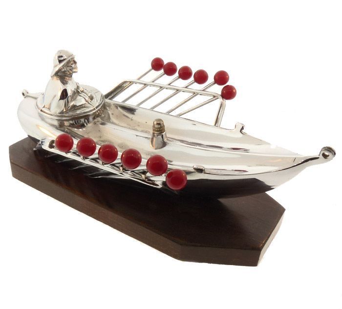 French Art Deco Chrome &amp; Bakelite Boat Cocktail Pick Set