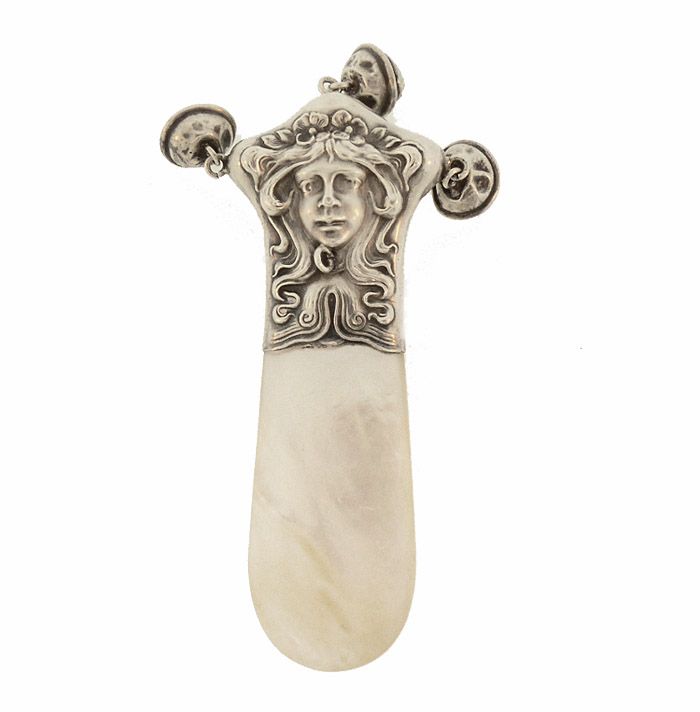 Art Nouveau Sterling Silver Mother of Pearl Baby Rattle att. Unger
