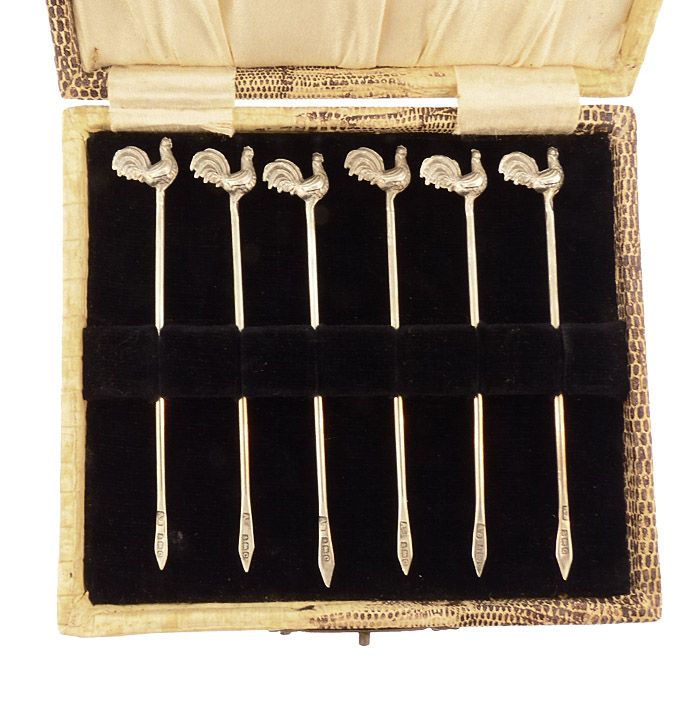 Boxed Art Deco English Sterling Silver Rooster Cocktail Picks