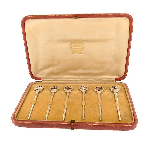 Cartier Art Deco Silverplate Cocktail Pick, Marker Champagne Whisk Set