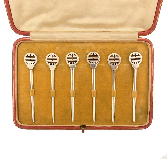 Cartier Art Deco Silverplate Cocktail Pick, Marker Champagne Whisk Set