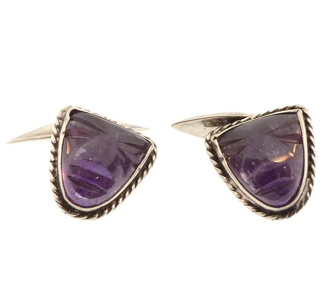 Mexican Silver &amp; Carved Amethyst Aztec Mask Cufflinks