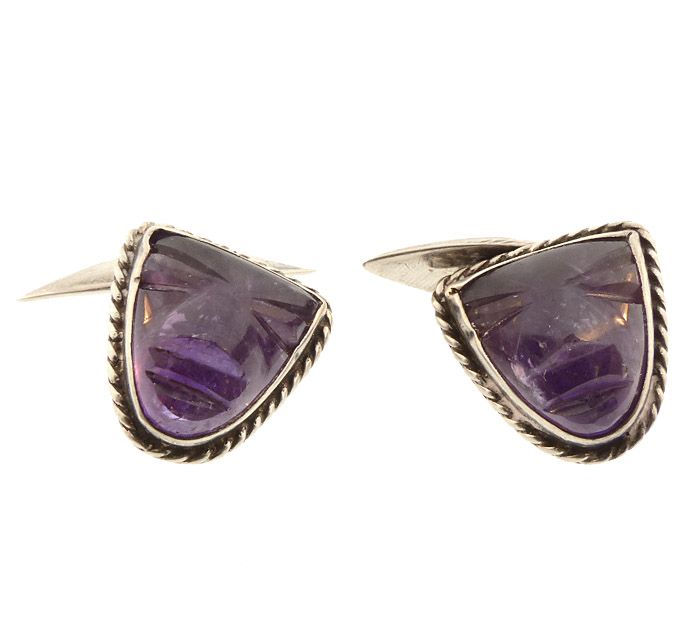 Mexican Silver &amp; Carved Amethyst Aztec Mask Cufflinks