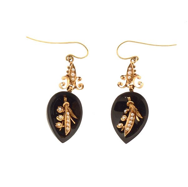 Victorian 14K Gold, Onyx &amp; Seed Pearl Earrings
