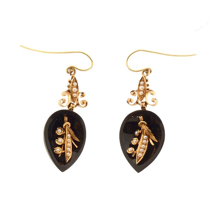 Victorian 14K Gold, Onyx &amp; Seed Pearl Earrings