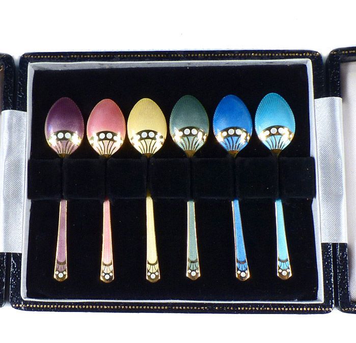 English Turner &amp; Simpson Enameled Sterling Silver Coffee Spoons