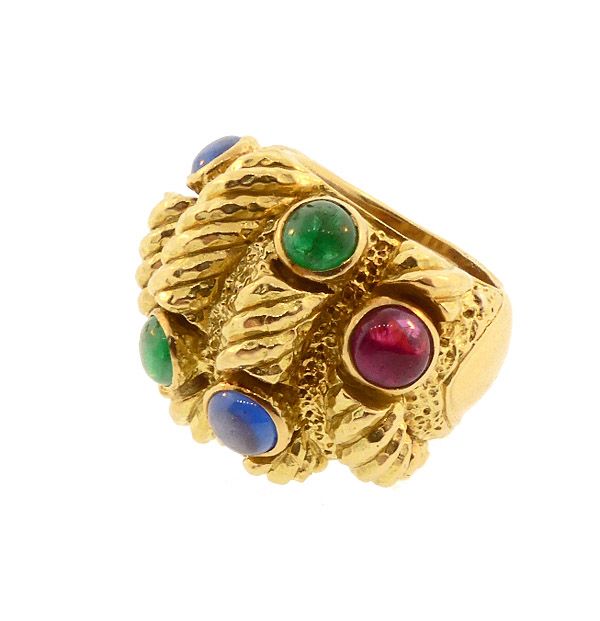 David Webb 18K Gold, Sapphire, Emerald & Ruby Ring