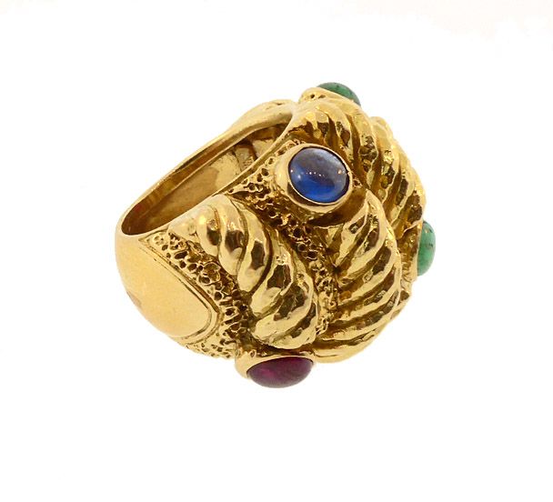 David Webb 18K Gold, Sapphire, Emerald &amp; Ruby Ring