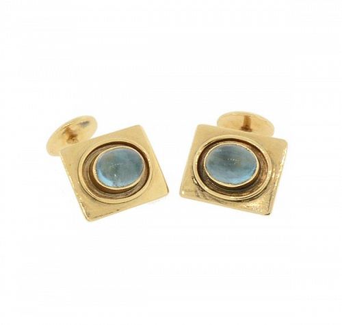 Art Deco 14K Gold & Cabochon Blue Tourmaline Cufflinks