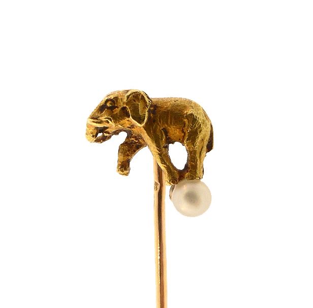 Victorian French 18K Yellow Gold  &amp; Pearl Elephant on a Ball Stick Pin