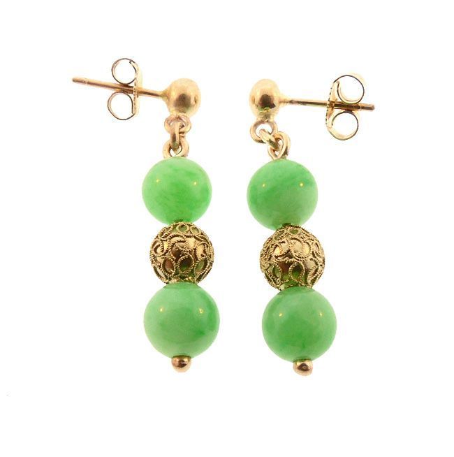 Antique Chinese Type A Green Jade & 14K Gold Earrings