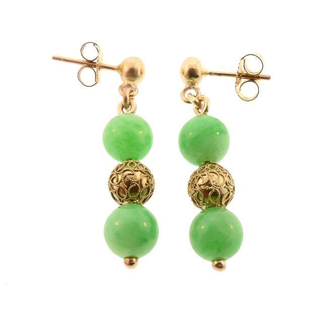 Antique Chinese Type A Green Jade &amp; 14K Gold Earrings