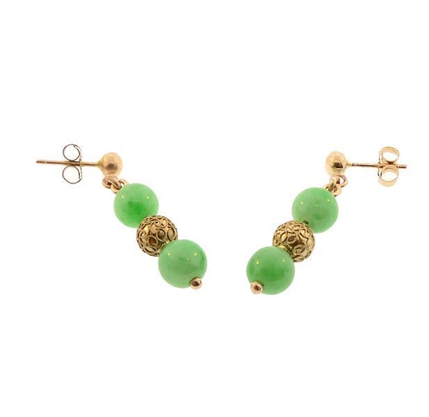 Antique Chinese Type A Green Jade &amp; 14K Gold Earrings