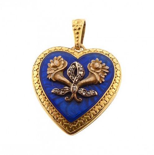 Edwardian French 18K Gold, Guilloché Enamel & Diamond Heart Locket