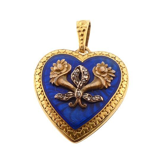 Edwardian French 18K Gold, Guilloché Enamel &amp; Diamond Heart Locket