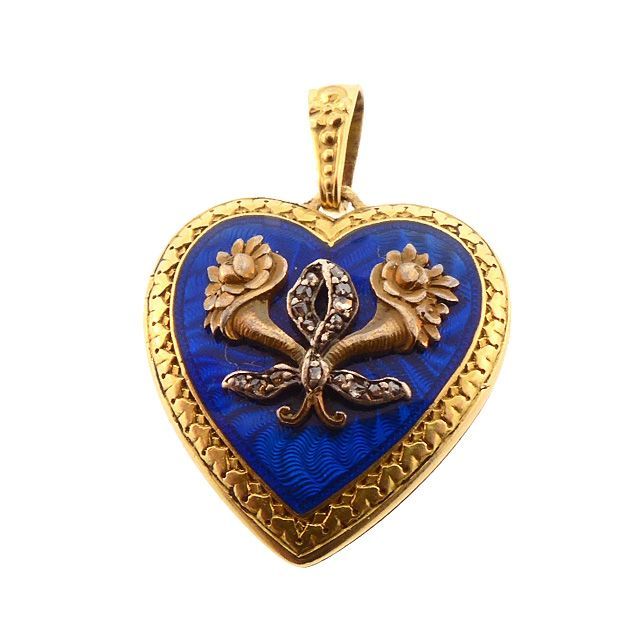 Edwardian French 18K Gold, Guilloché Enamel &amp; Diamond Heart Locket