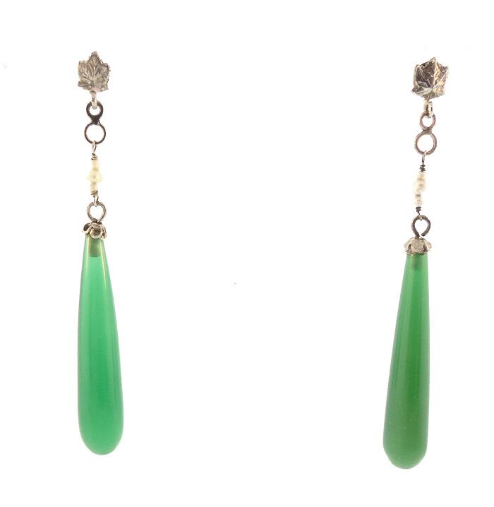 Art Deco 18K White Gold, Green Chalcedony &amp; Pearl Drop Earrings