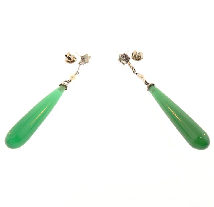 Art Deco 18K White Gold, Green Chalcedony &amp; Pearl Drop Earrings