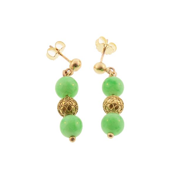 Antique Chinese Type A Green Jade &amp; 14K Gold Earrings