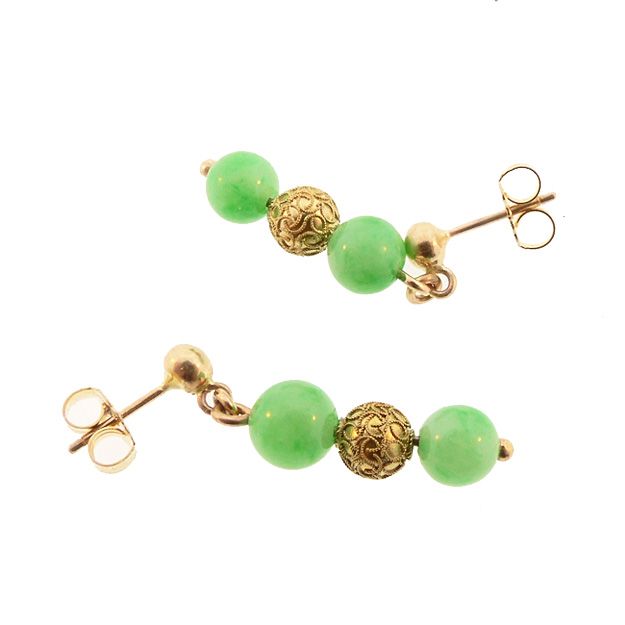 Antique Chinese Type A Green Jade &amp; 14K Gold Earrings