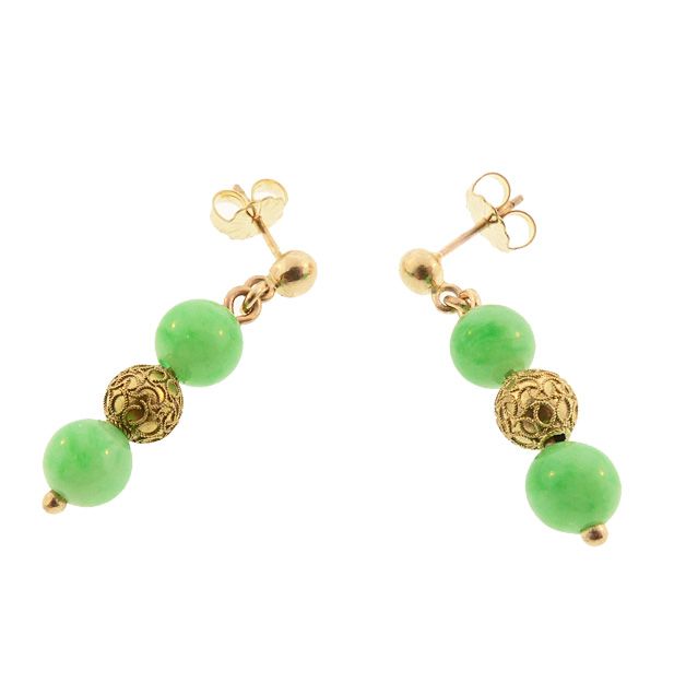 Antique Chinese Type A Green Jade &amp; 14K Gold Earrings