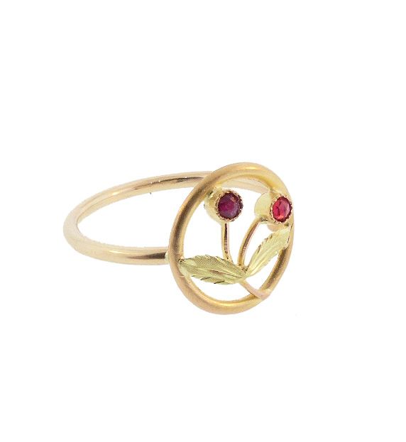 Antique French 18K Gold &amp; Ruby Cherries Conversion Stickpin Ring