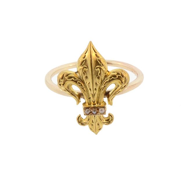 Antique French 18K Gold &amp; Pearl Fleur-de-Lis Stickpin Conversion Ring