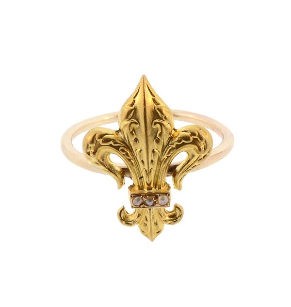 Antique French 18K Gold &amp; Pearl Fleur-de-Lis Stickpin Conversion Ring
