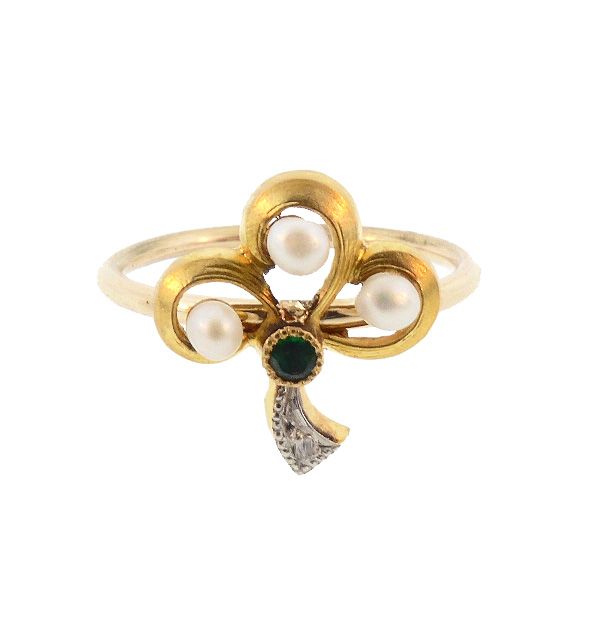 Antique French 18K Gold Pearl Emerald Diamond Stickpin Conversion Ring