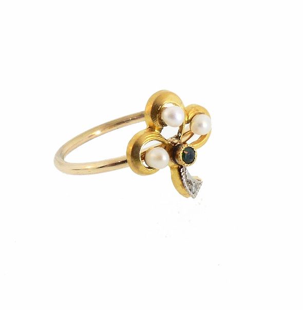 Antique French 18K Gold Pearl Emerald Diamond Stickpin Conversion Ring