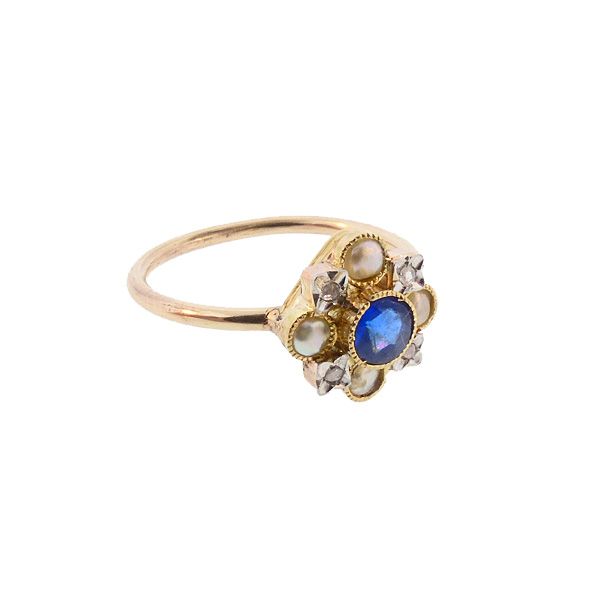 Antique French 18K Sapphire Pearl Diamond Stickpin Conversion Ring
