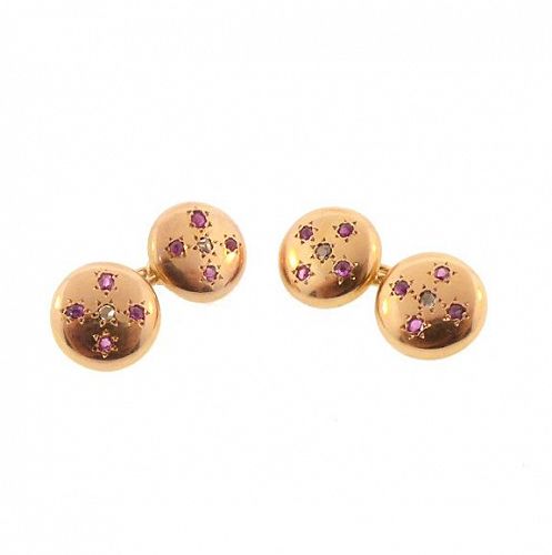 French 18K Gold, Ruby & Diamond Double-Sided Cufflinks