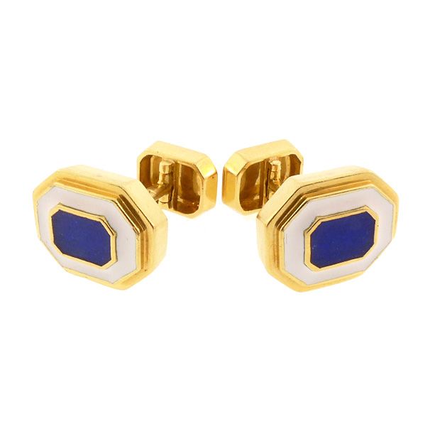 David Webb 18K Yellow Gold, Blue &amp; White Enamel Cufflinks