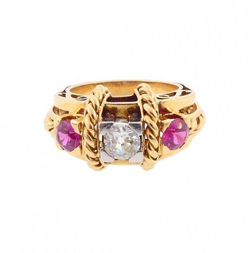 French Retro 18K Gold, Platinum, Diamond & Ruby Ring by Albert Rolland