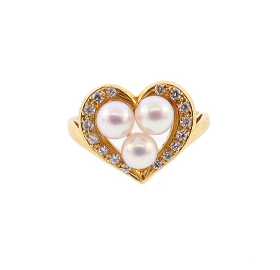 Mikimoto 18K Gold, AAA Akoya Pearl & Diamond Heart Ring