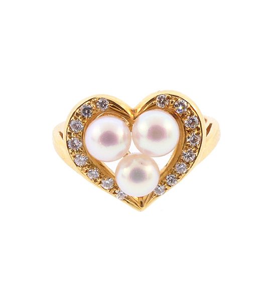 Mikimoto 18K Gold, AAA Akoya Pearl &amp; Diamond Heart Ring