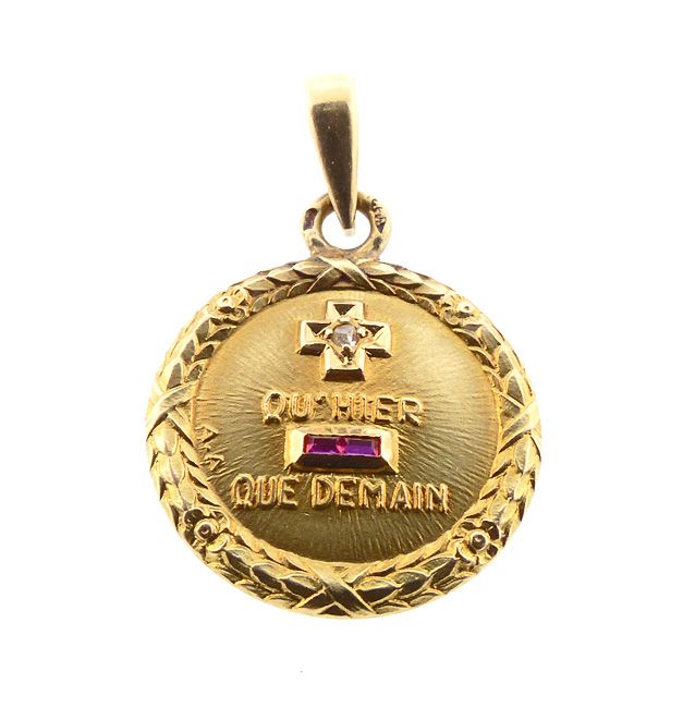 A. Augis French 18K Gold Diamond Ruby PLUS QU’HIER Love Token Pendant