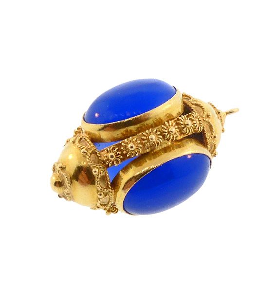 Venetian Etruscan 18K Gold &amp; Blue Chaledony Fob Charm Pendant
