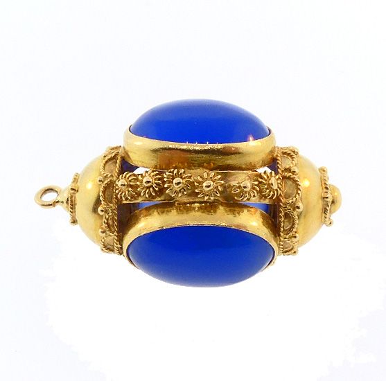 Venetian Etruscan 18K Gold &amp; Blue Chaledony Fob Charm Pendant