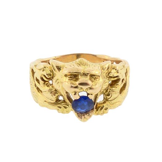 Victorian Mythological Griffin 18K Gold Blue Sapphire Gentleman's Ring