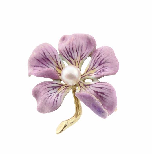 Art Nouveau 14K Gold Enamel &amp; Pearl Flower Brooch