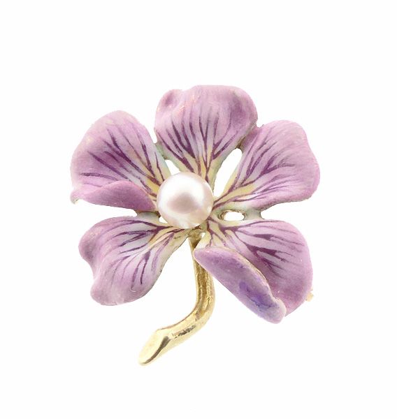 Art Nouveau 14K Gold Enamel &amp; Pearl Flower Brooch